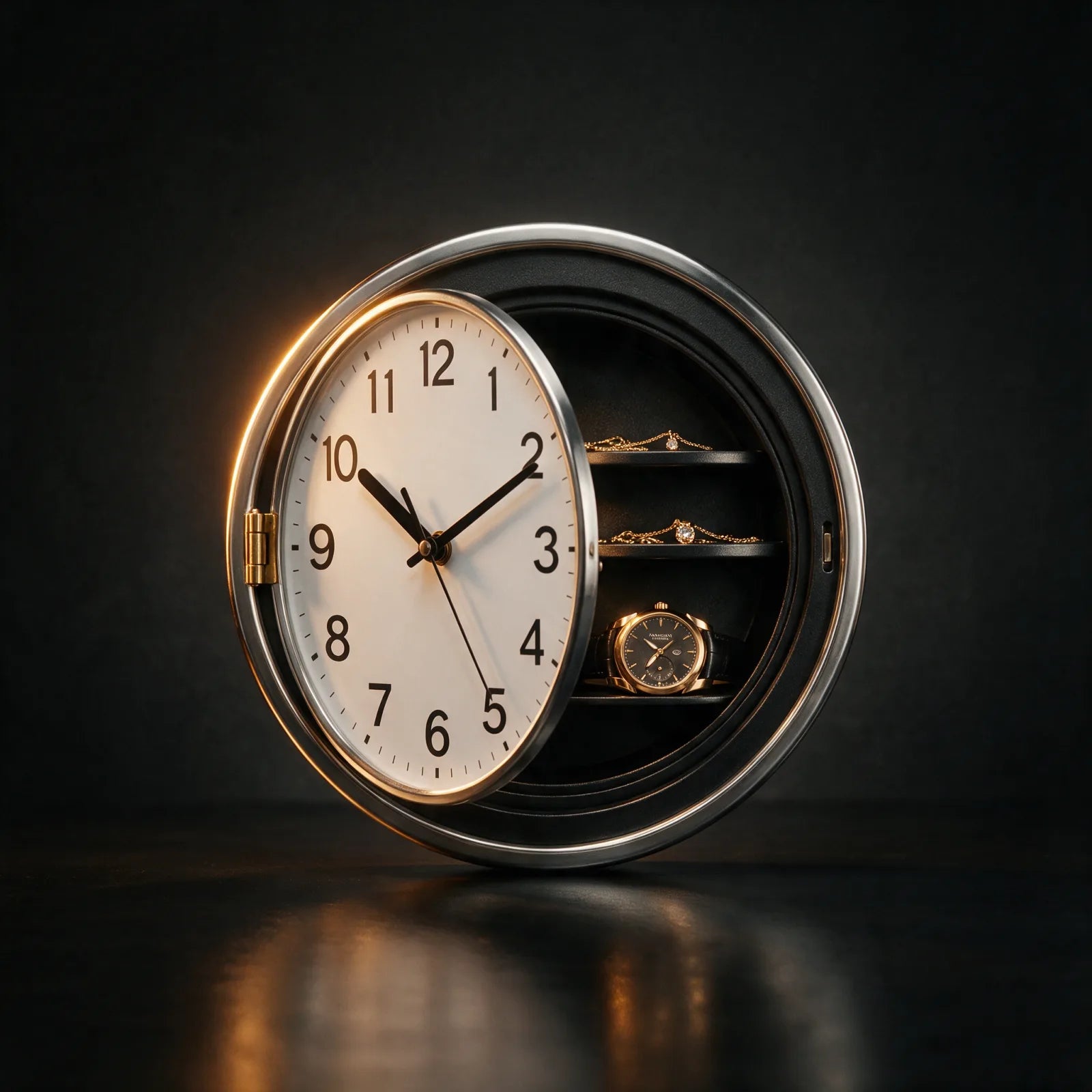 Horloge murale entrouverte révélant un coffre à bijoux