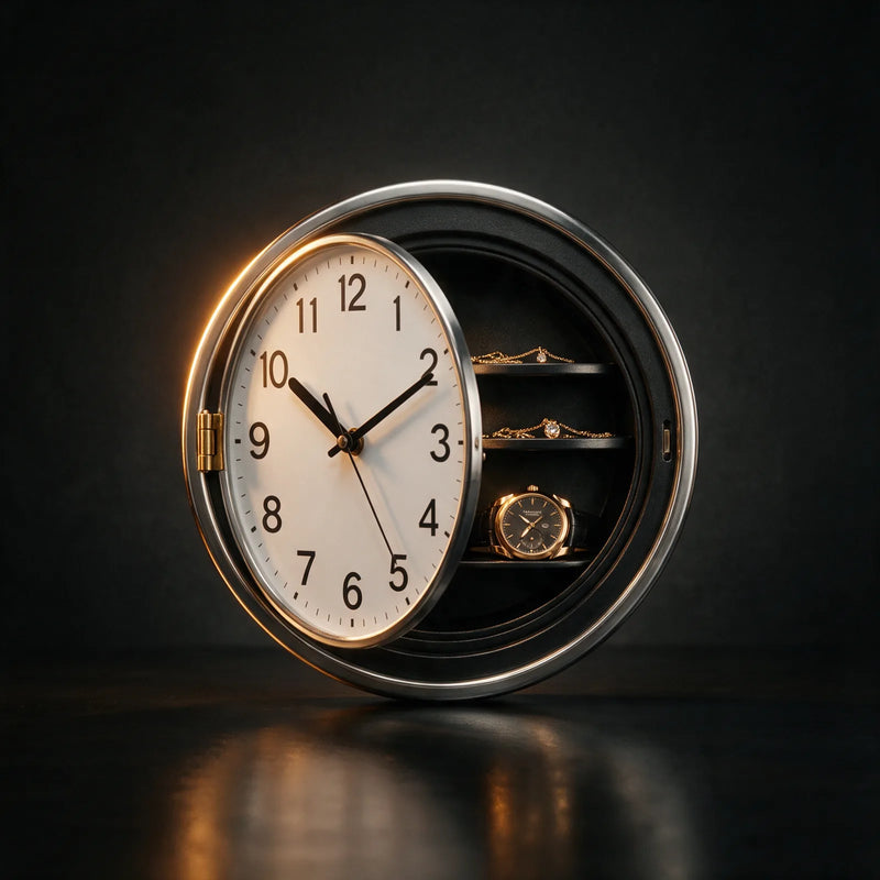 Horloge murale entrouverte révélant un coffre à bijoux